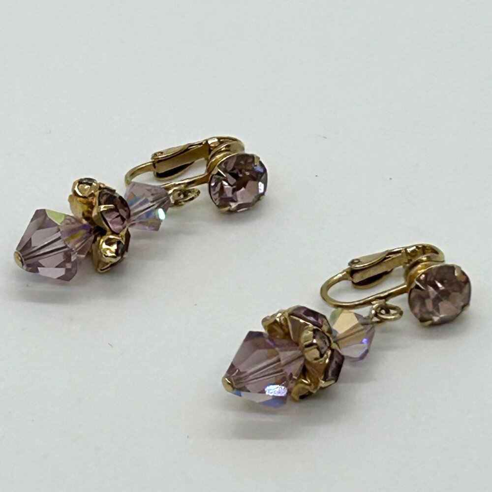 Vintage Aurora Borealis Dangle Earrings Crystal Pink Iridescent Faceted Goldtone